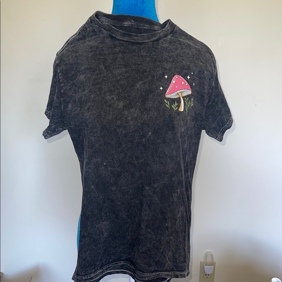 Rebellious One Black and Pink Short Sleeve Tee with Mushroom Graphic - Picture 1 of 4